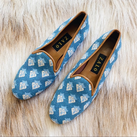 Zalo Shoes - Zalo Blue Cross Stitch Needlepoint Embroidered Mule Slip On Flats Loafers